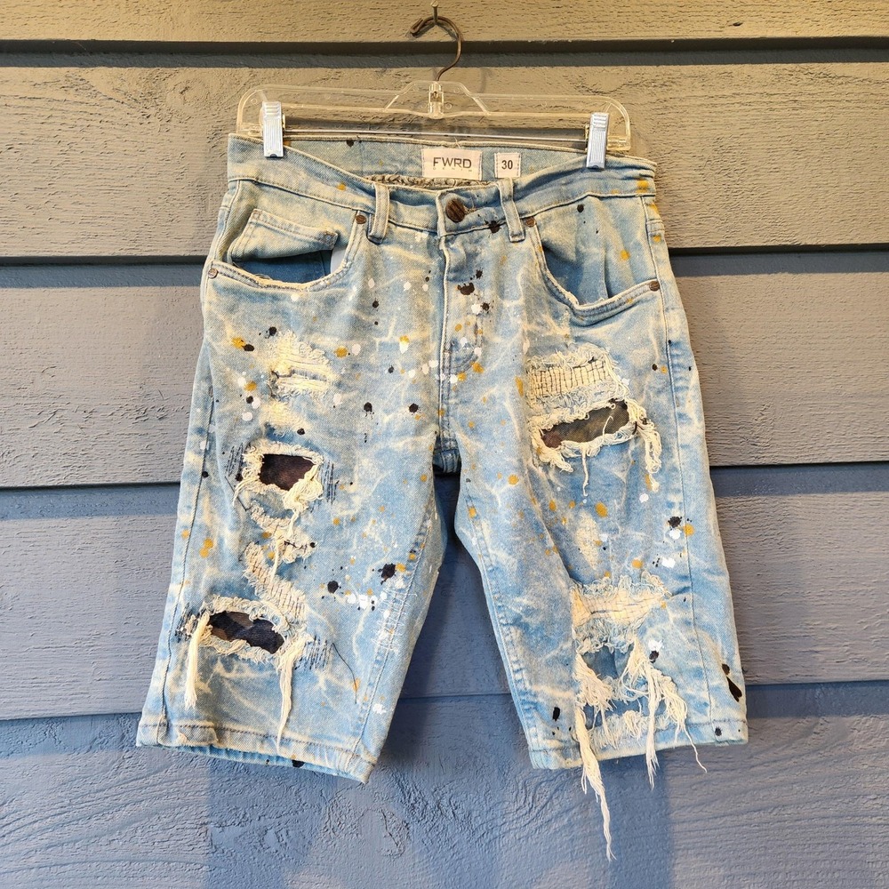 FWRD Denim Shorts Mens 30 Light Blue Bermuda Distressed Paint Splatter 11 Inseam